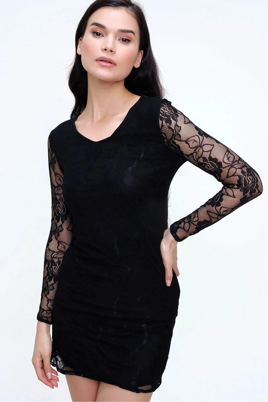 Black V-Neck Lace Detail Dress BCBSK-25700-T4007370 - Acámbaro