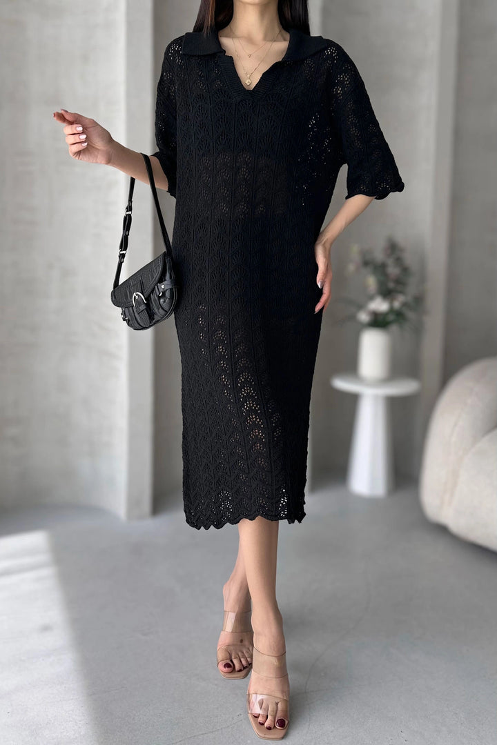 Black V-Neck Eyelet Knit Dress BCDF-25A3001 - Kailua