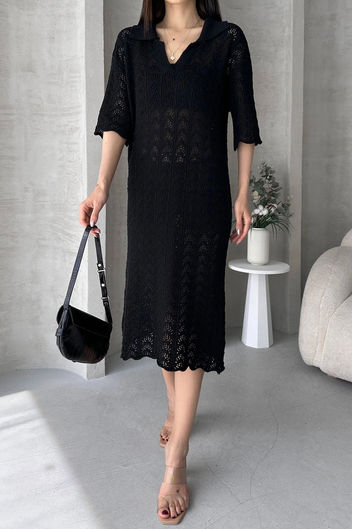 Black V-Neck Eyelet Knit Dress BCDF-25A3001 - Kailua