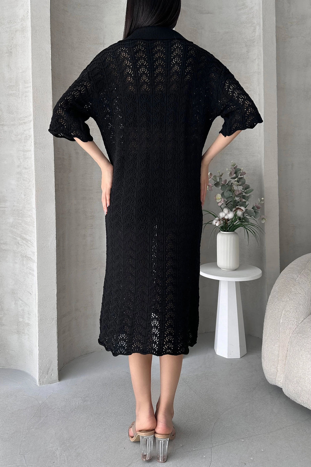 Black V-Neck Eyelet Knit Dress BCDF-25A3001 - Kailua