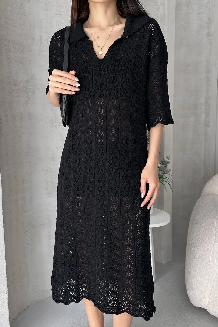 Black V-Neck Eyelet Knit Dress BCDF-25A3001 - Kailua