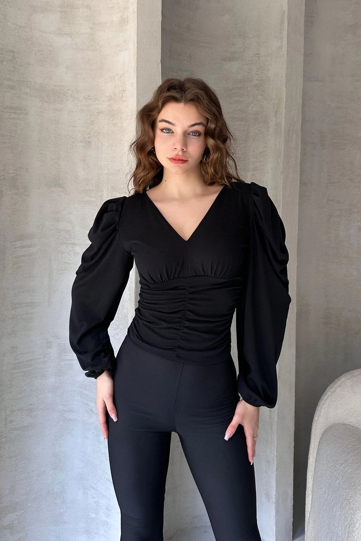 Black V-Neck Crepe Blouse with Drape Detail BCDF-242138 - Tupelo