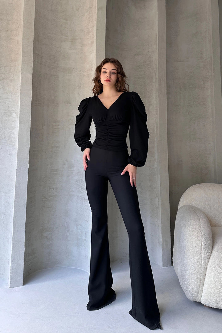 Black V-Neck Crepe Blouse with Drape Detail BCDF-242138 - Tupelo