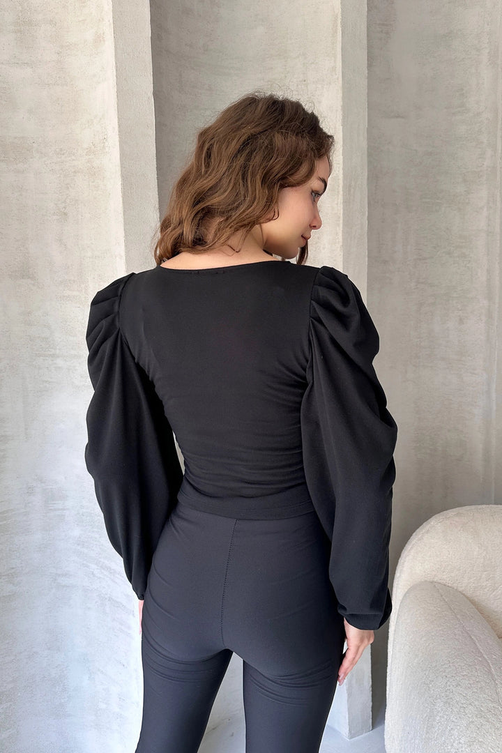 Black V-Neck Crepe Blouse with Drape Detail BCDF-242138 - Tupelo
