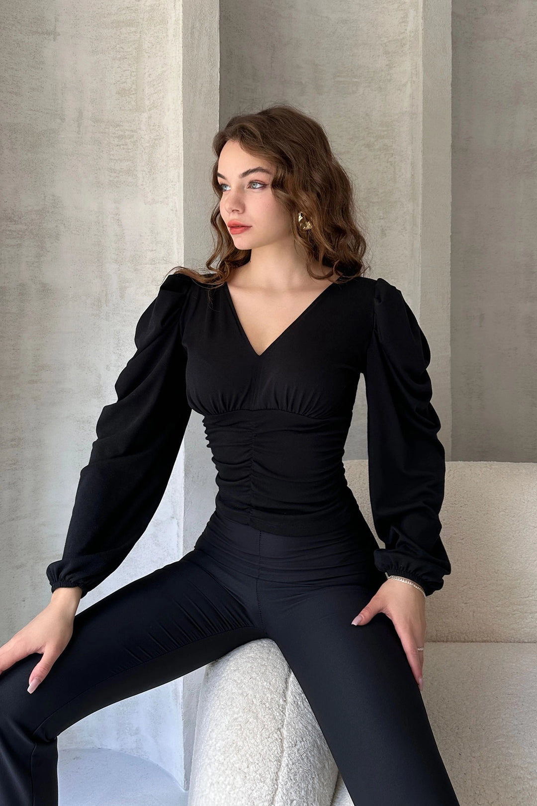 Black V-Neck Crepe Blouse with Drape Detail BCDF-242138 - Tupelo