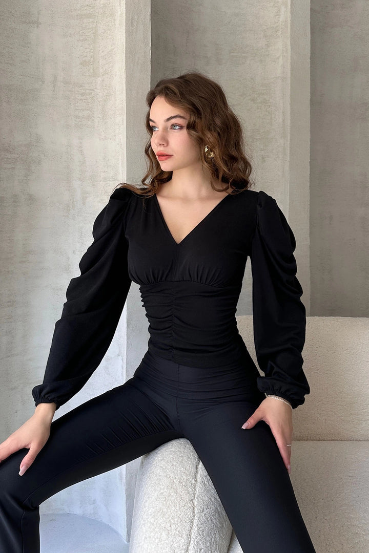 Black V-Neck Crepe Blouse with Drape Detail BCDF-242138 - Tupelo