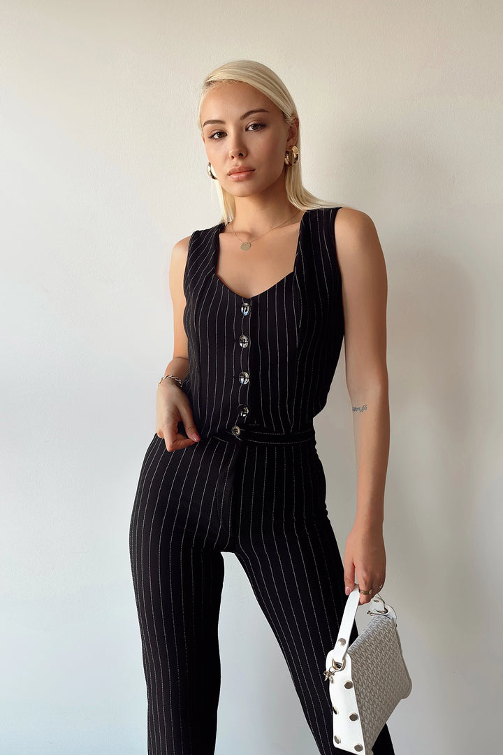 Black V-Neck Buttoned Striped Crop Vest BCTL-233395 - Morgantown