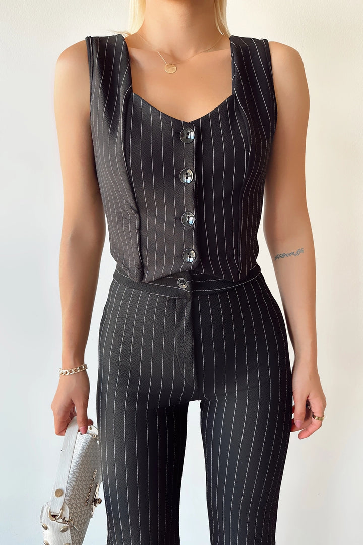 Black V-Neck Buttoned Striped Crop Vest BCTL-233395 - Morgantown