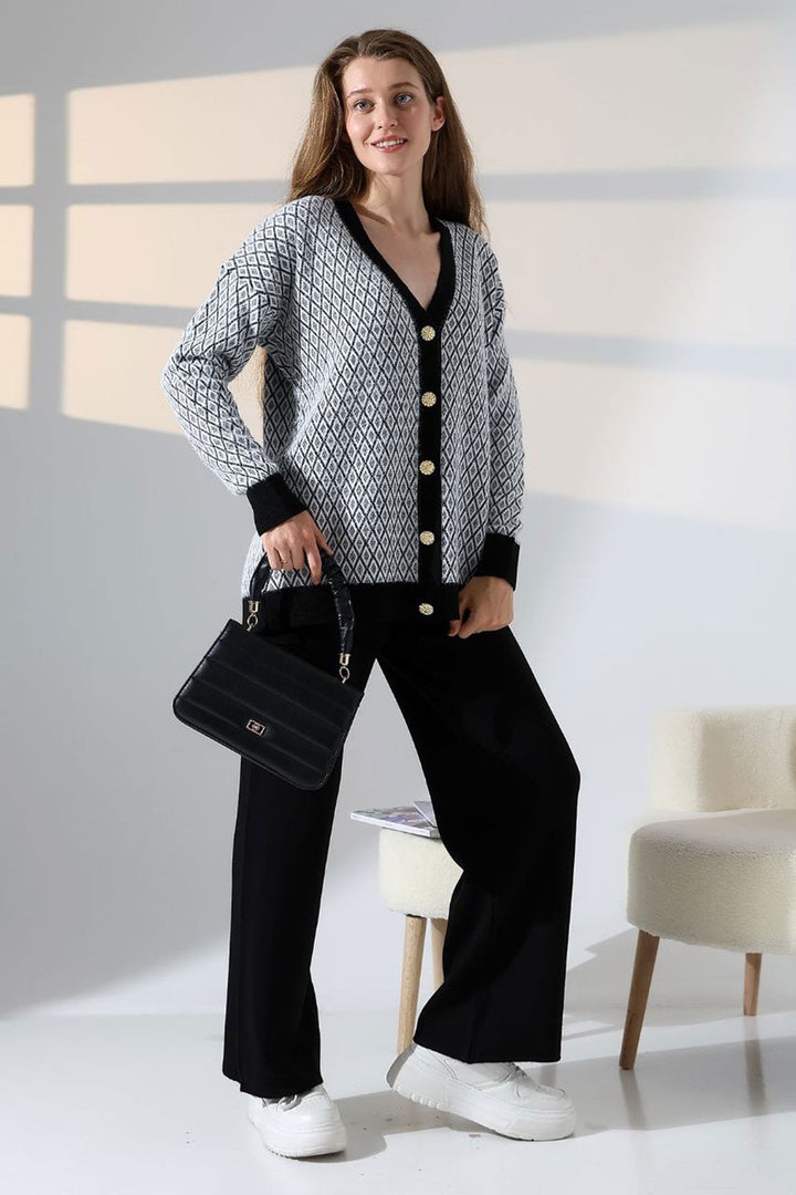 Black V-Neck Buttoned Cardigan and Pants Top Bottom Knit Set BCES-252011 - St. Augustine