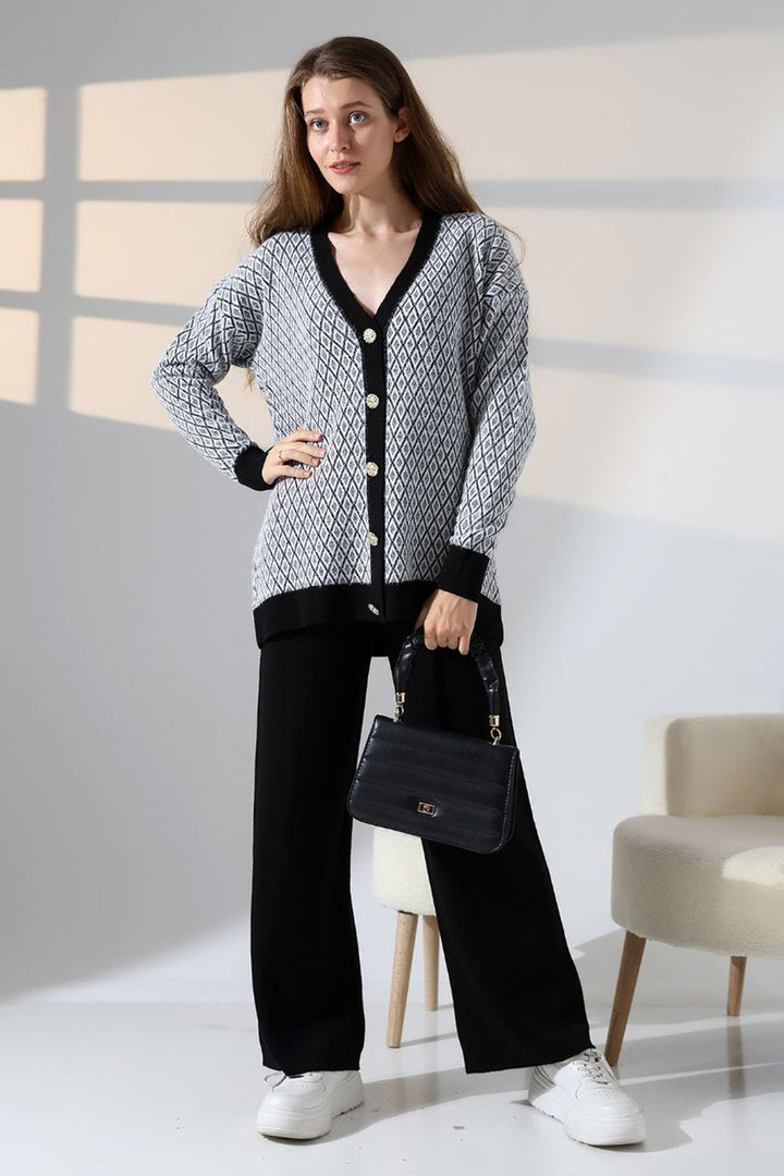 Black V-Neck Buttoned Cardigan and Pants Top Bottom Knit Set BCES-252011 - St. Augustine