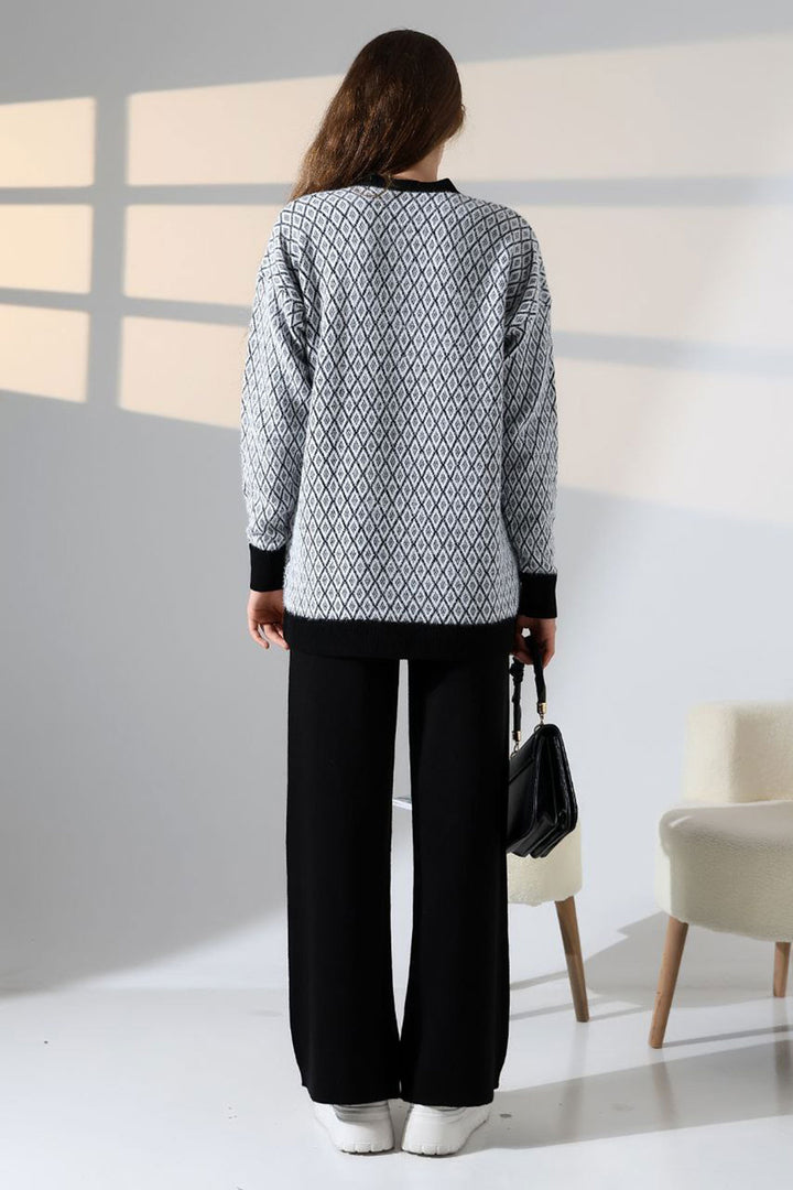 Black V-Neck Buttoned Cardigan and Pants Top Bottom Knit Set BCES-252011 - St. Augustine