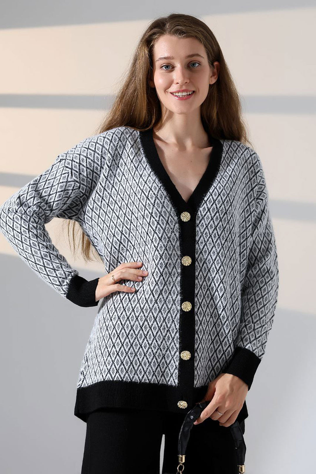 Black V-Neck Buttoned Cardigan and Pants Top Bottom Knit Set BCES-252011 - St. Augustine