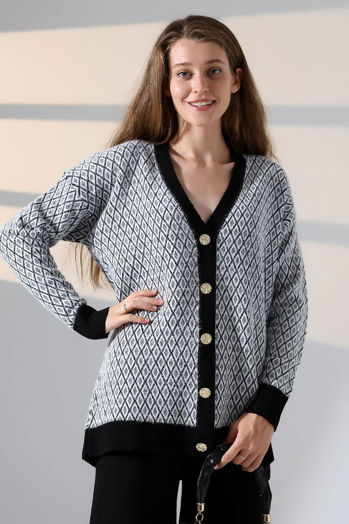 Black V-Neck Buttoned Cardigan and Pants Top Bottom Knit Set BCES-252011 - St. Augustine