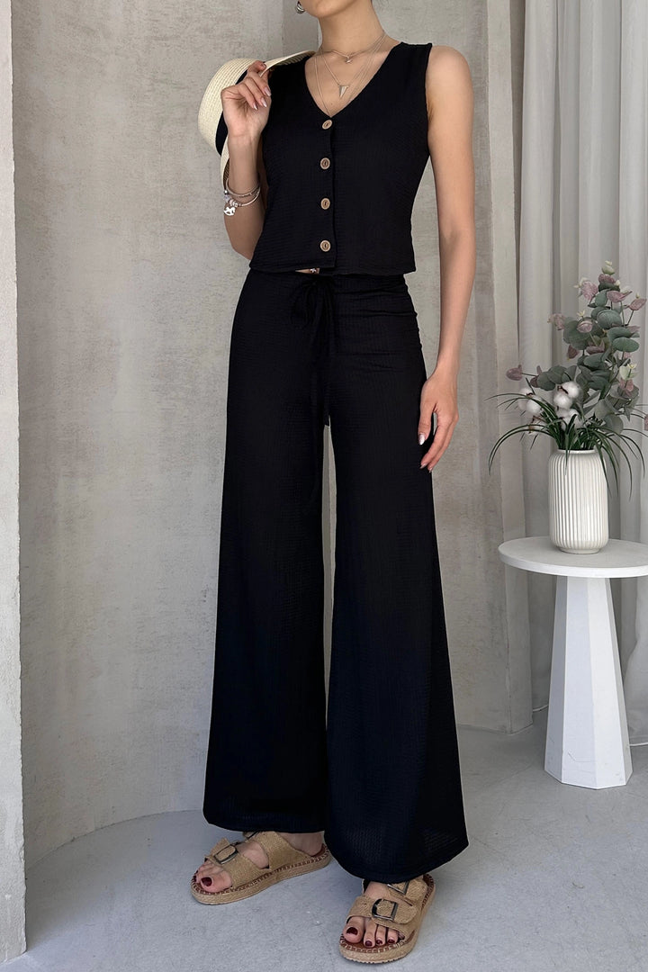 Black V-Neck Buttoned Vest and Pants Set BCDF-252190 - Löhne