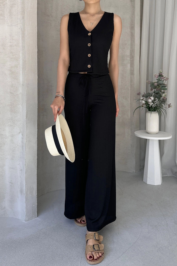 Black V-Neck Buttoned Vest and Pants Set BCDF-252190 - Löhne