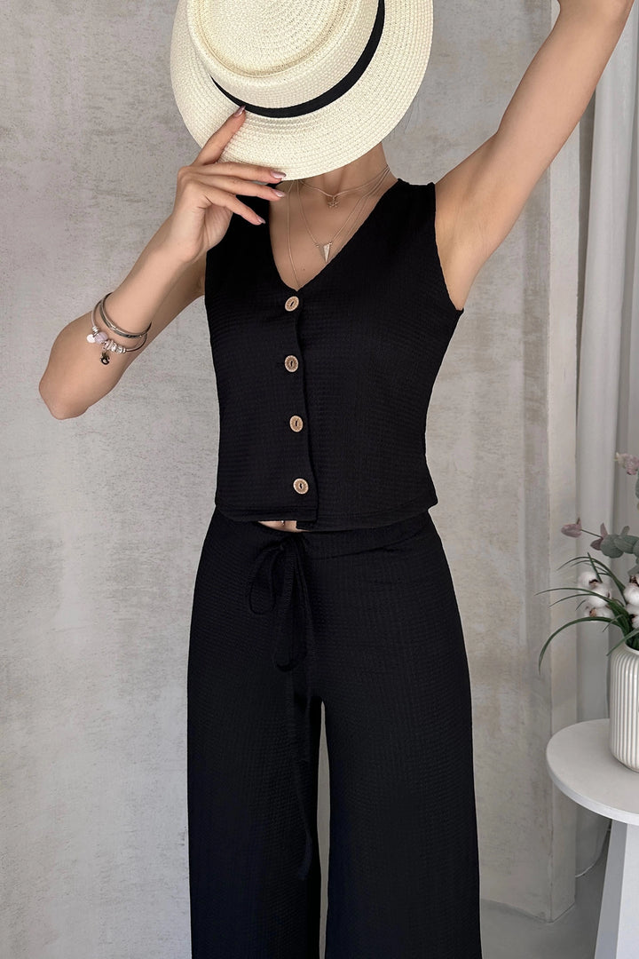 Black V-Neck Buttoned Vest and Pants Set BCDF-252190 - Löhne