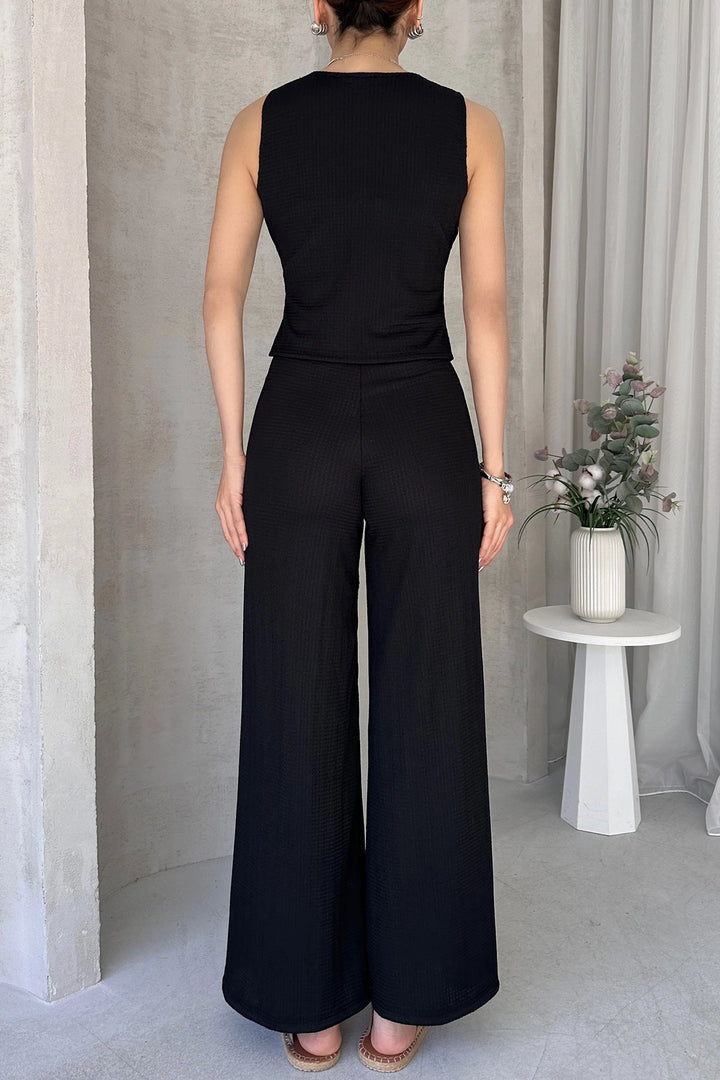 Black V-Neck Buttoned Vest and Pants Set BCDF-252190 - Löhne