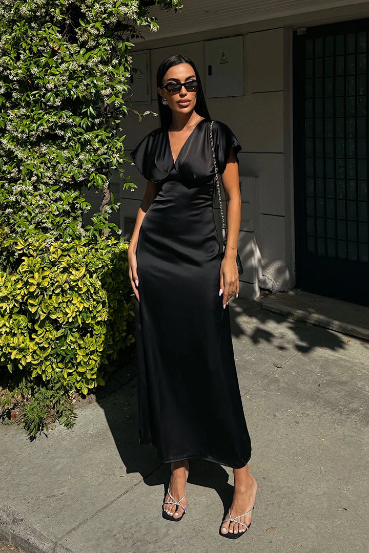 Black V-Neck Chest Draped Satin Dress BCDF-252217 - Salt Lake City