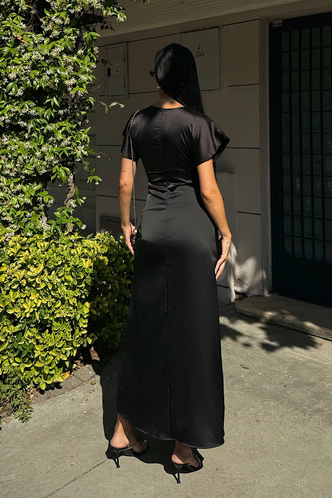 Black V-Neck Chest Draped Satin Dress BCDF-252217 - Salt Lake City