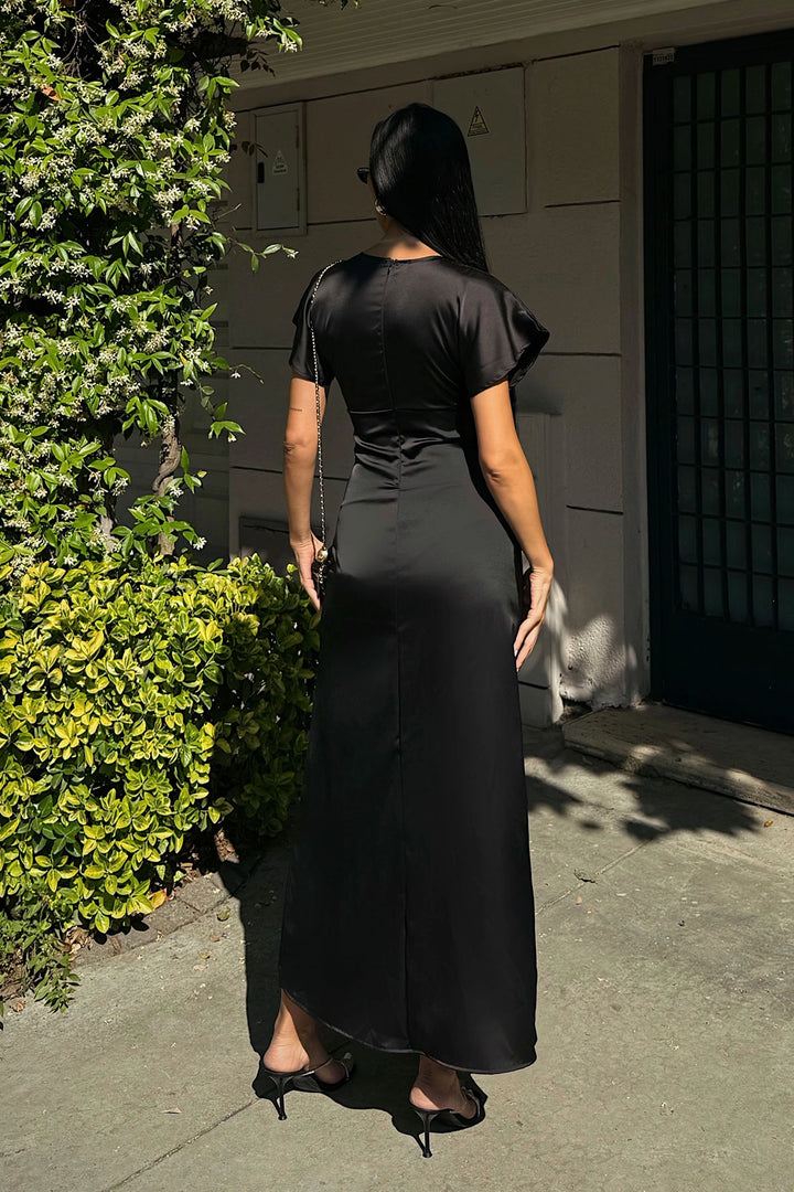 Black V-Neck Chest Draped Satin Dress BCDF-252217 - Salt Lake City