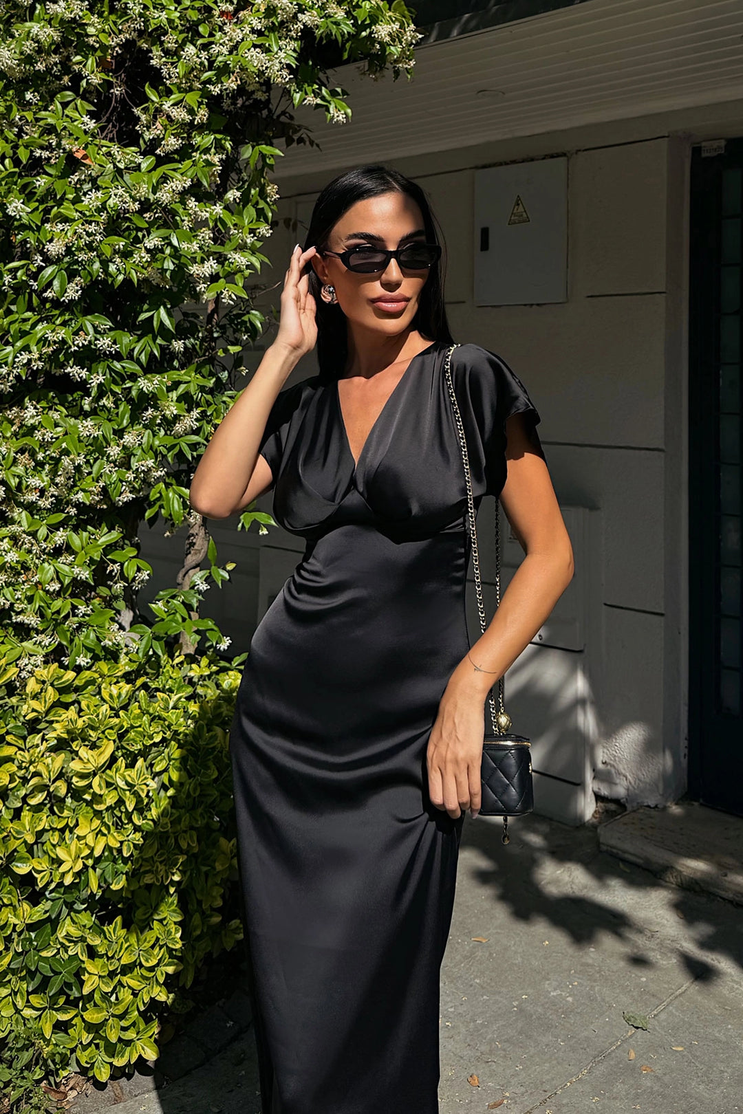 Black V-Neck Chest Draped Satin Dress BCDF-252217 - Salt Lake City