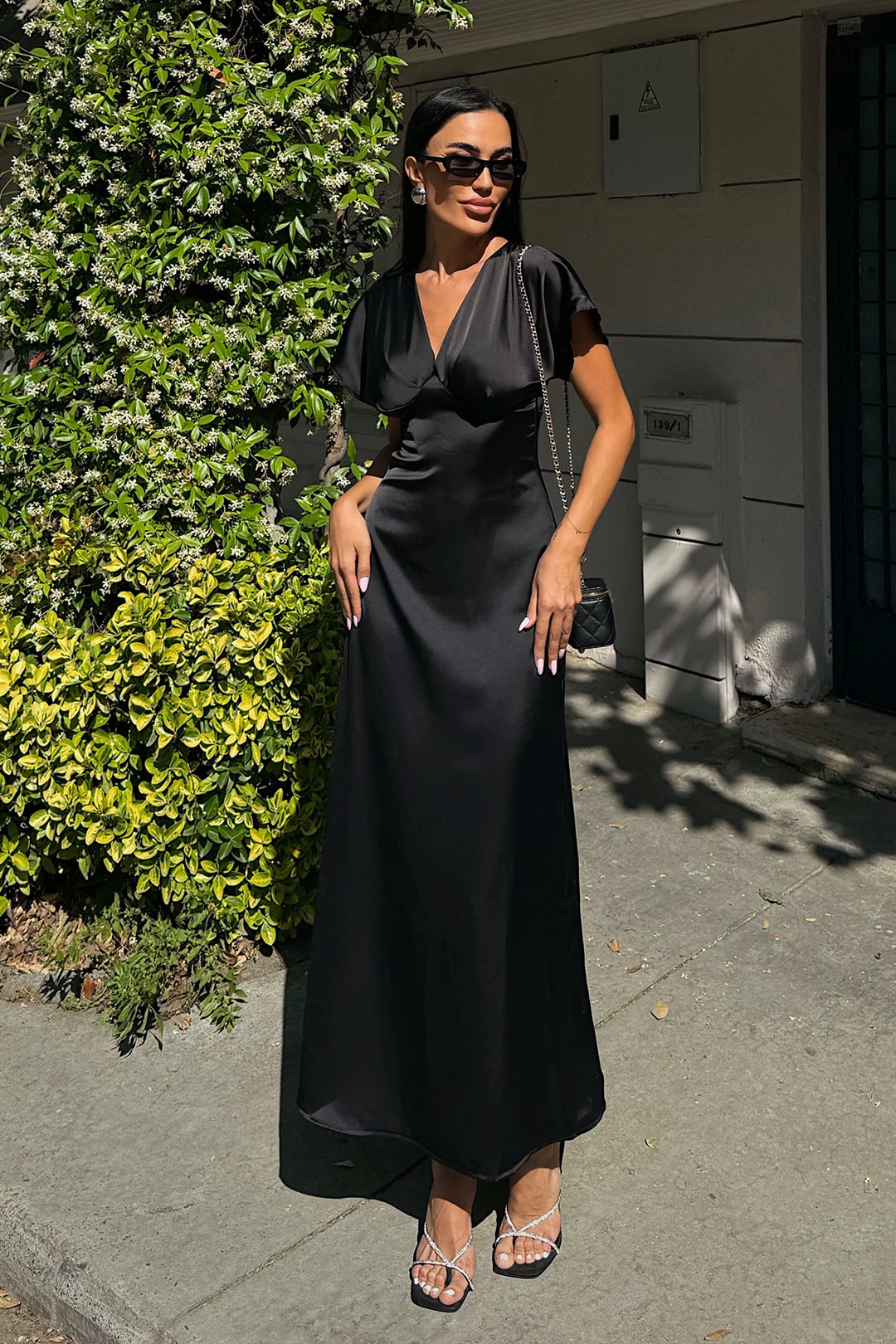 Black V-Neck Chest Draped Satin Dress BCDF-252217 - Salt Lake City
