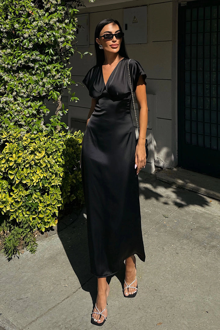 Black V-Neck Chest Draped Satin Dress BCDF-252217 - Salt Lake City