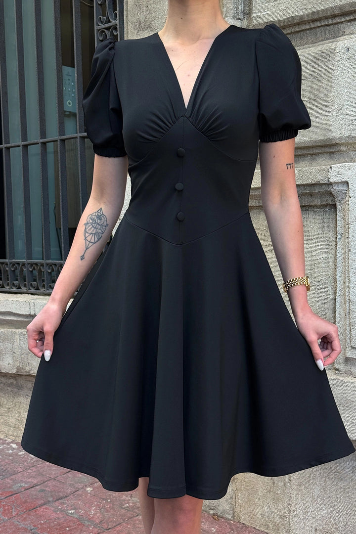 Black V Neck Collar Elastic Button Detailed Midi Flare Dress BCDF-252194 - Ascoli Piceno