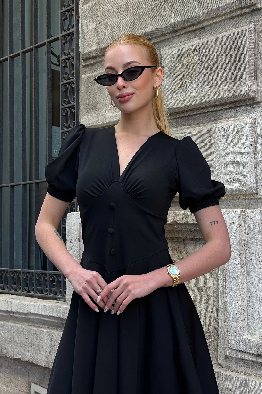 Black V Neck Collar Elastic Button Detailed Midi Flare Dress BCDF-252194 - Ascoli Piceno