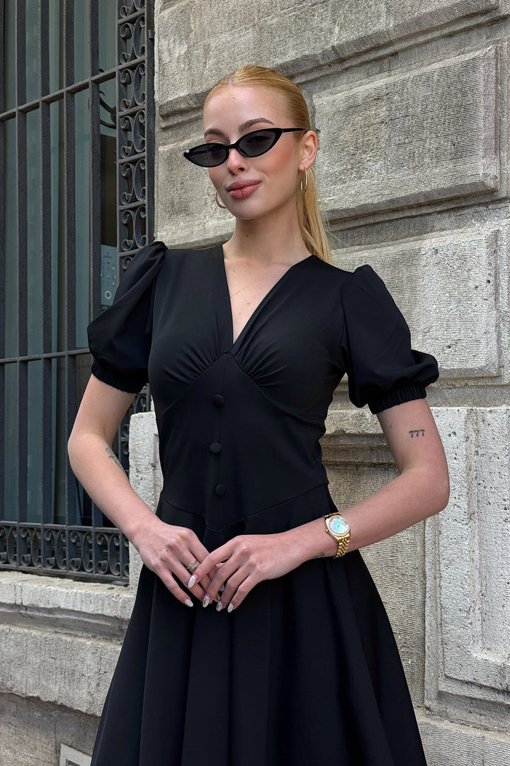 Black V Neck Collar Elastic Button Detailed Midi Flare Dress BCDF-252194 - Ascoli Piceno
