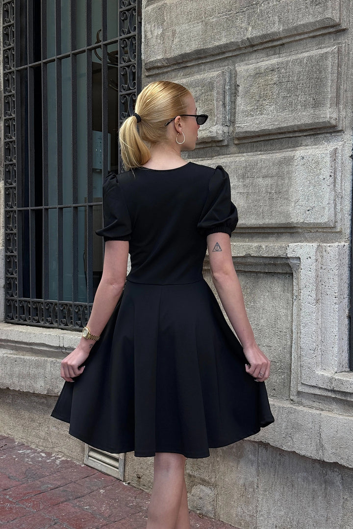 Black V Neck Collar Elastic Button Detailed Midi Flare Dress BCDF-252194 - Ascoli Piceno