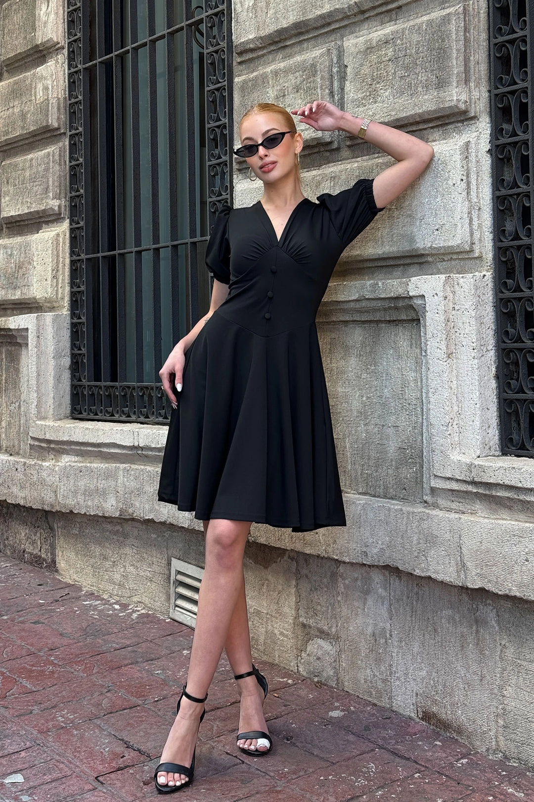 Black V Neck Collar Elastic Button Detailed Midi Flare Dress BCDF-252194 - Ascoli Piceno