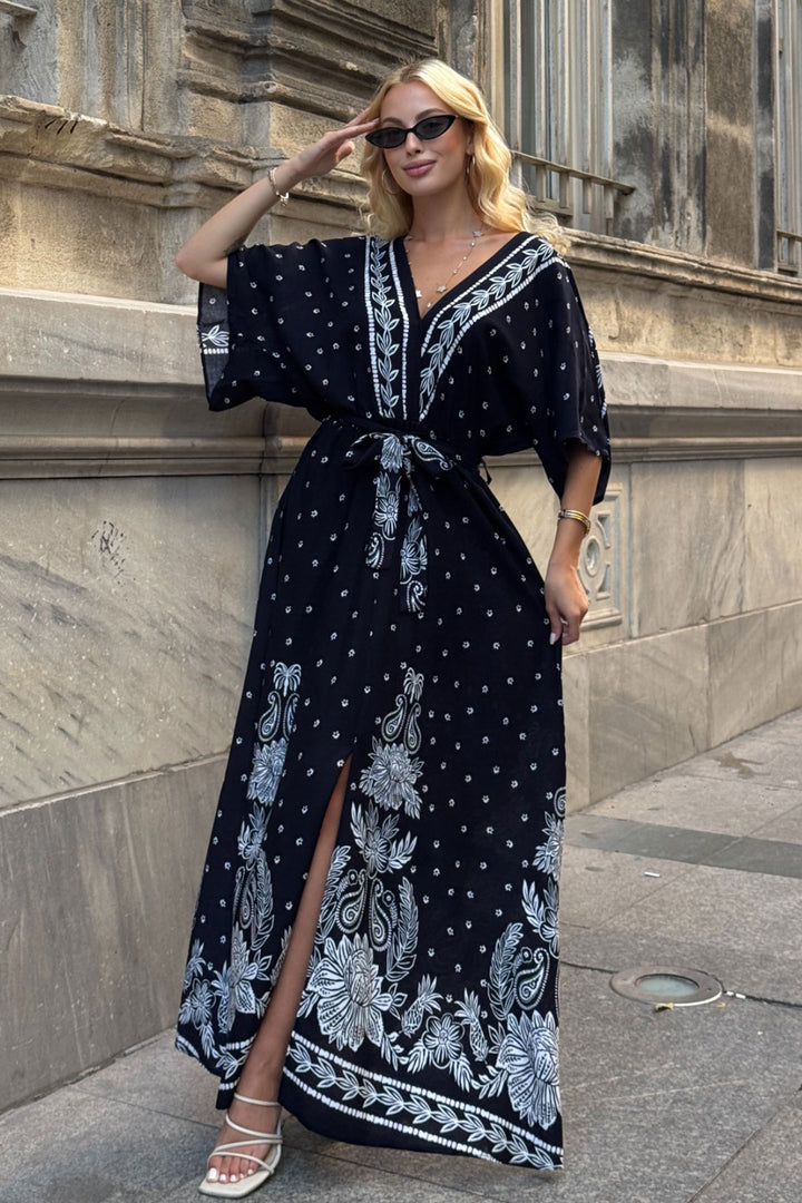 Black V Neck Maxi Length Slit Patterned Viscose Woven Dress BCVL-25V208 - Izmail