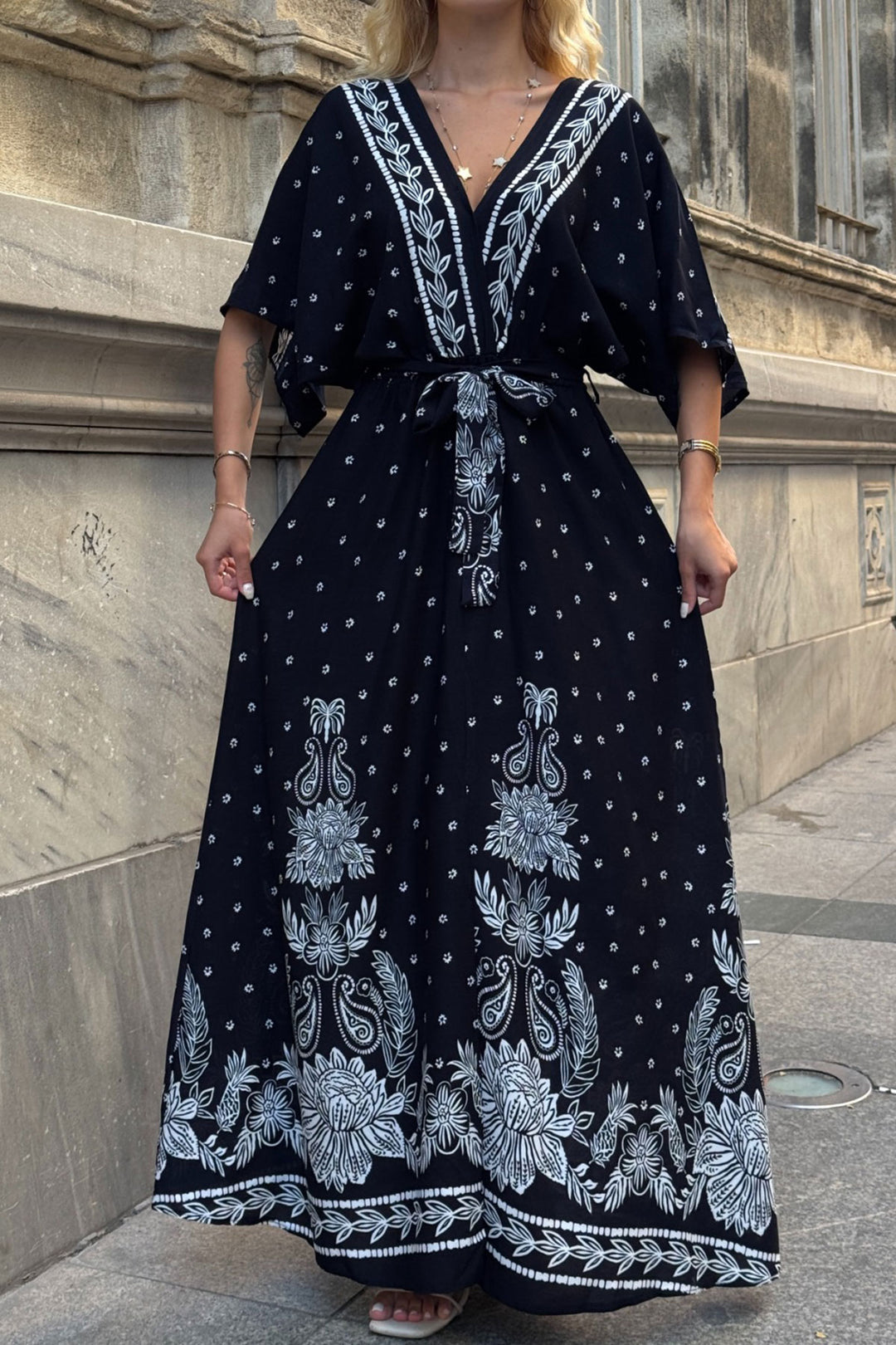 Black V Neck Maxi Length Slit Patterned Viscose Woven Dress BCVL-25V208 - Izmail