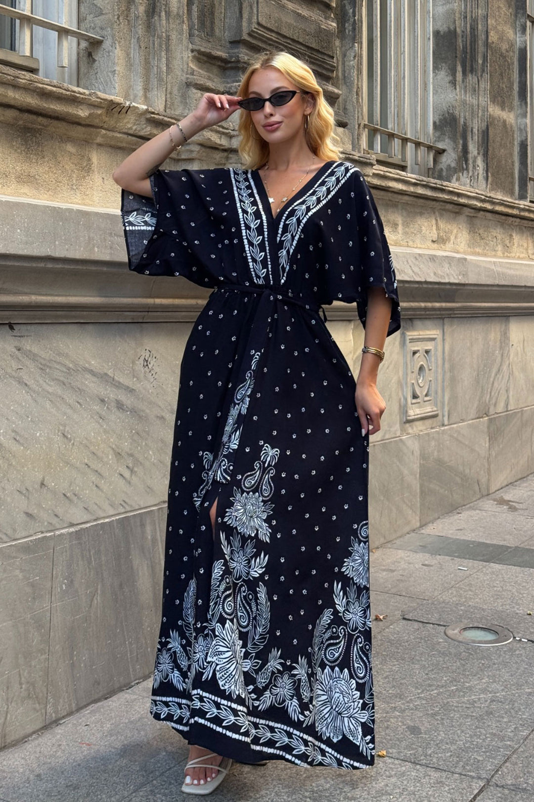 Black V Neck Maxi Length Slit Patterned Viscose Woven Dress BCVL-25V208 - Izmail