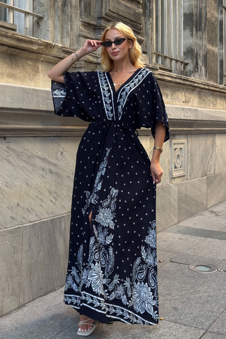 Black V Neck Maxi Length Slit Patterned Viscose Woven Dress BCVL-25V208 - Izmail