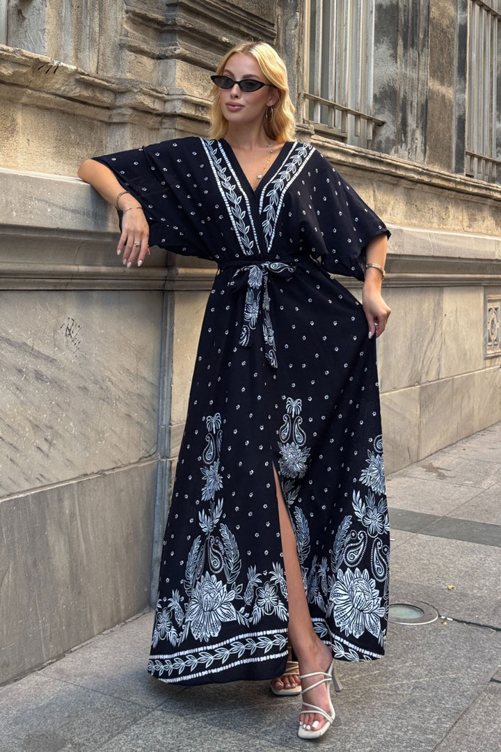 Black V Neck Maxi Length Slit Patterned Viscose Woven Dress BCVL-25V208 - Izmail