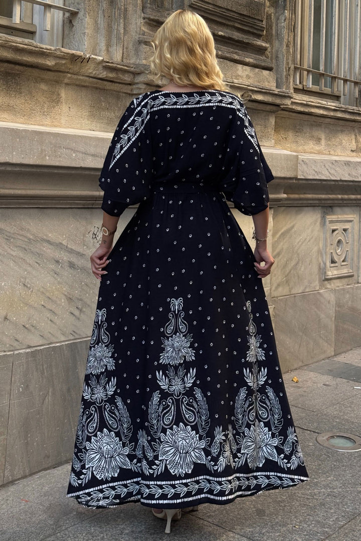 Black V Neck Maxi Length Slit Patterned Viscose Woven Dress BCVL-25V208 - Izmail