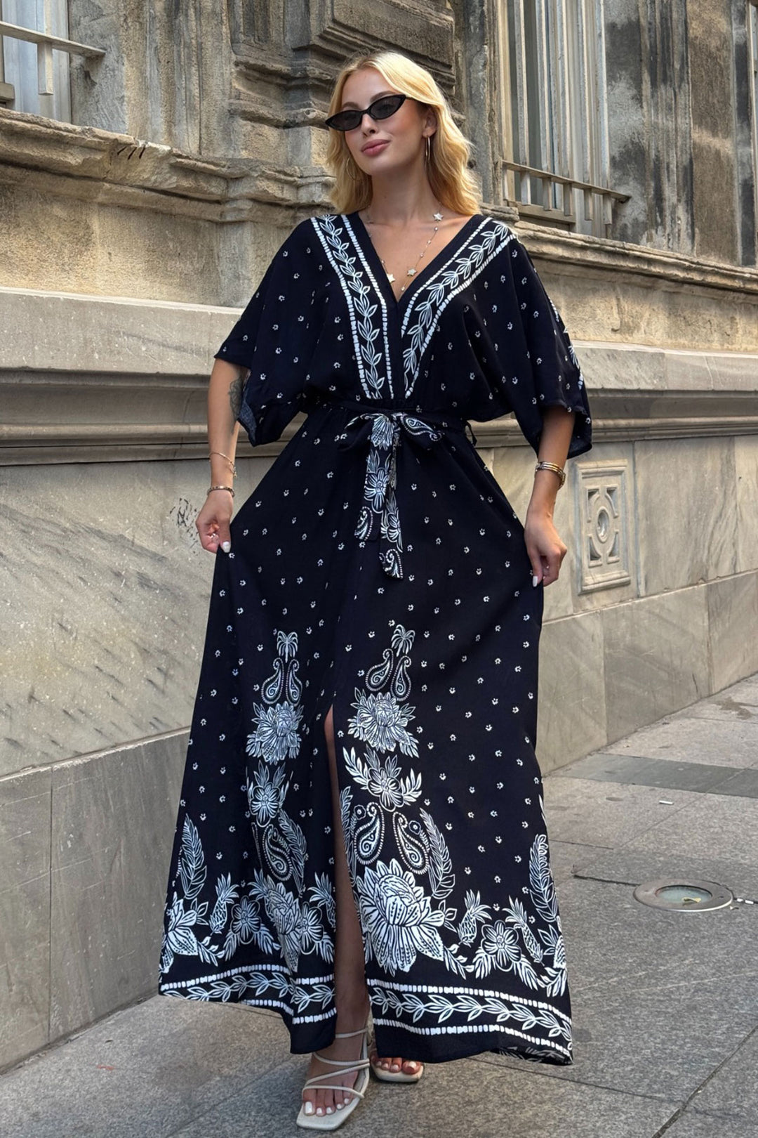 Black V Neck Maxi Length Slit Patterned Viscose Woven Dress BCVL-25V208 - Izmail
