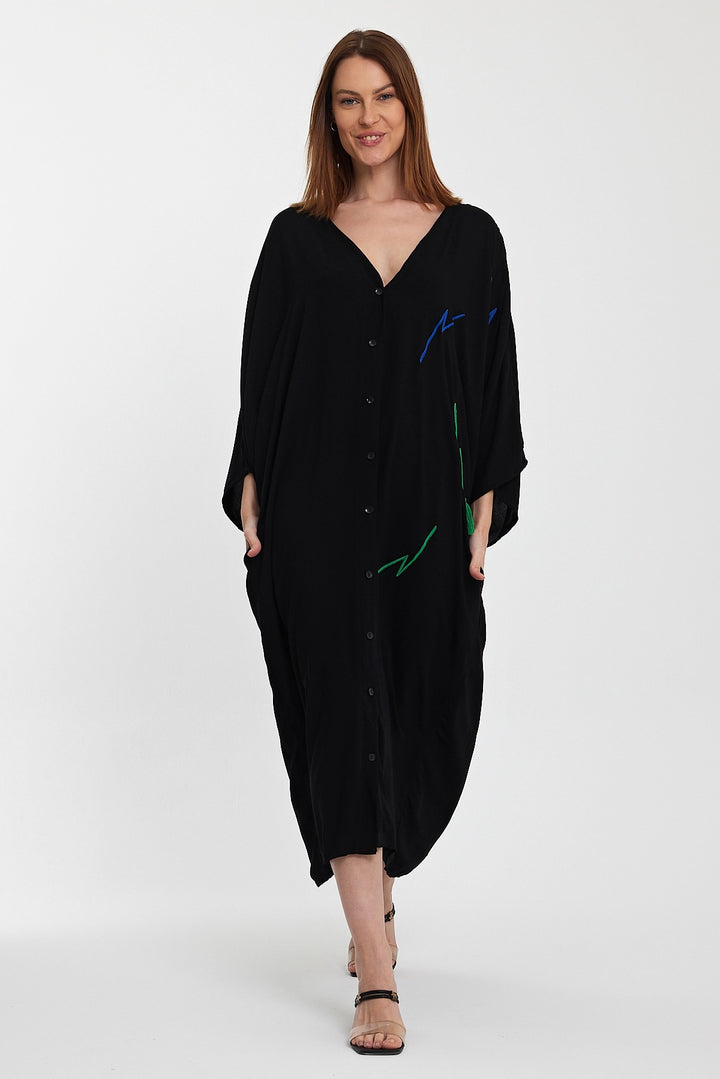 Maxi Boy Black V-Neck Embroidered Long Woven Shirt Dress BCVL-24989 - Corsico