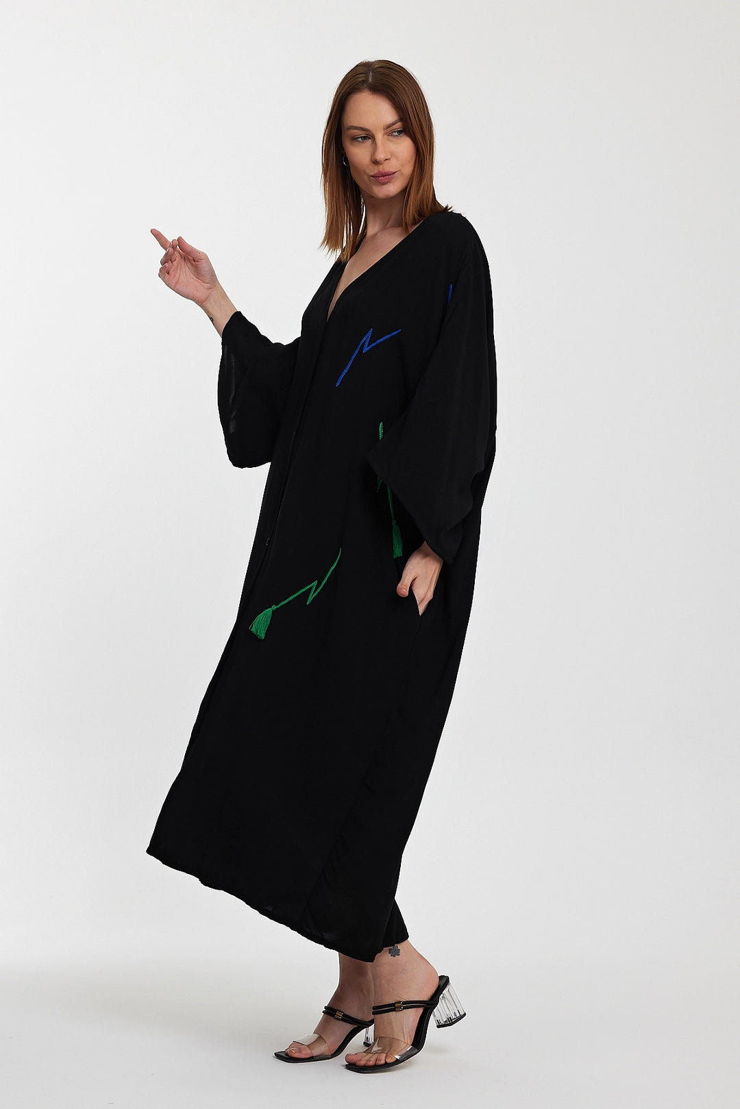 Maxi Boy Black V-Neck Embroidered Long Woven Shirt Dress BCVL-24989 - Corsico
