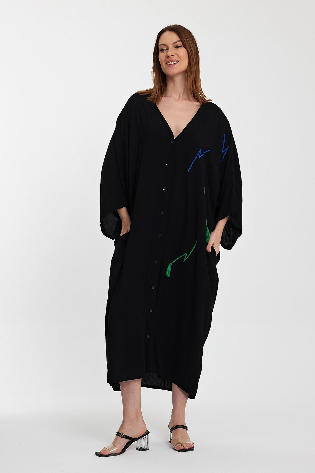 Maxi Boy Black V-Neck Embroidered Long Woven Shirt Dress BCVL-24989 - Corsico