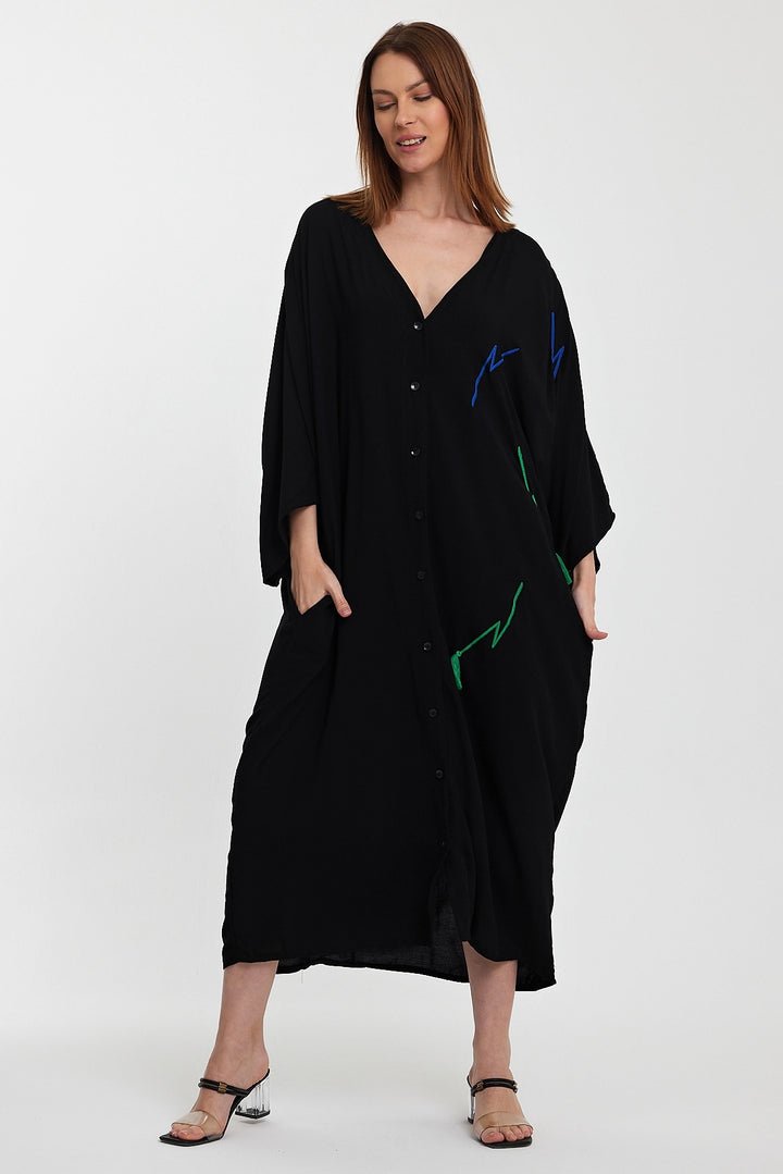 Maxi Boy Black V-Neck Embroidered Long Woven Shirt Dress BCVL-24989 - Corsico