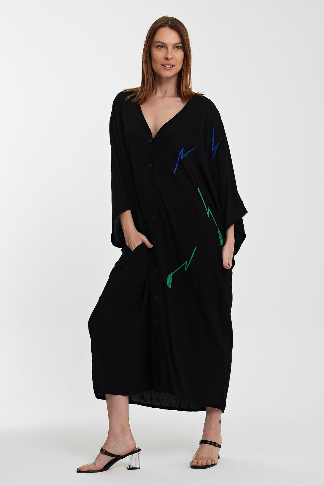 Maxi Boy Black V-Neck Embroidered Long Woven Shirt Dress BCVL-24989 - Corsico