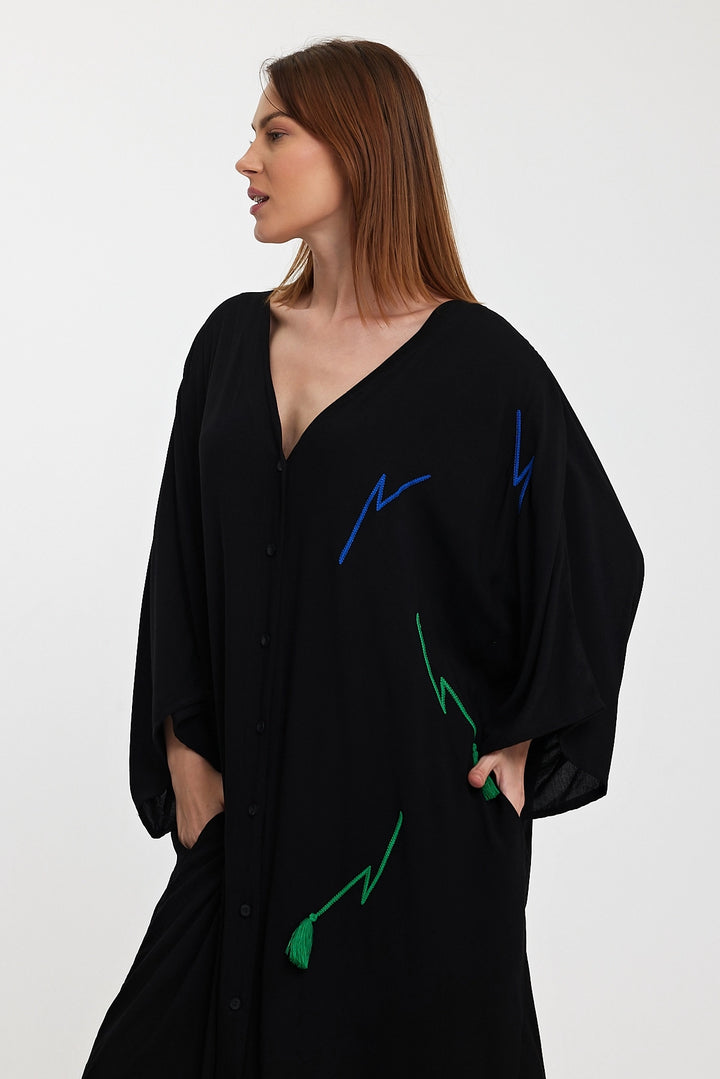 Maxi Boy Black V-Neck Embroidered Long Woven Shirt Dress BCVL-24989 - Corsico