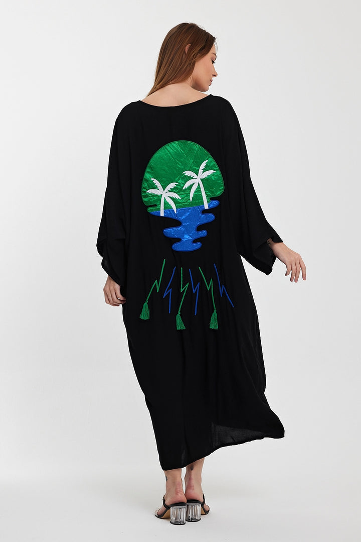 Maxi Boy Black V-Neck Embroidered Long Woven Shirt Dress BCVL-24989 - Corsico