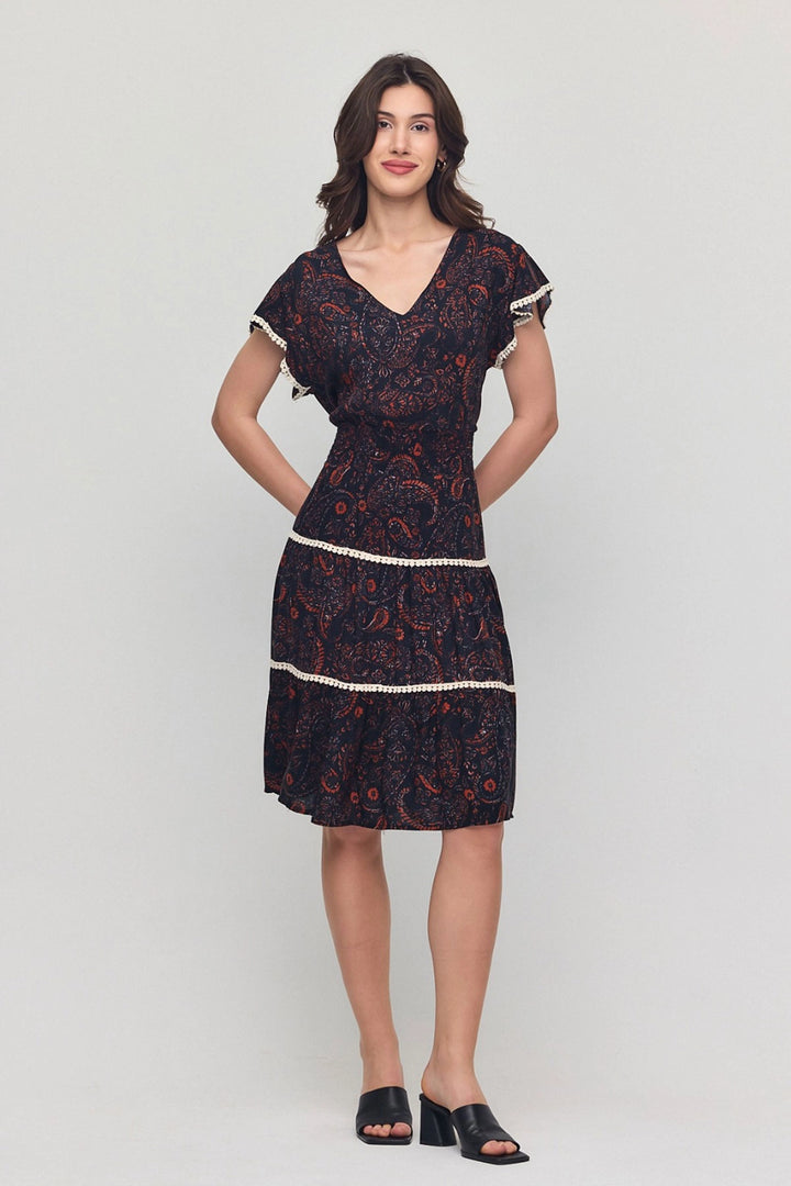 Black V-Neck Ruffled Floral Patterned Summer Viscose Dress BCVL-25V054 - ’s-Hertogenbosch