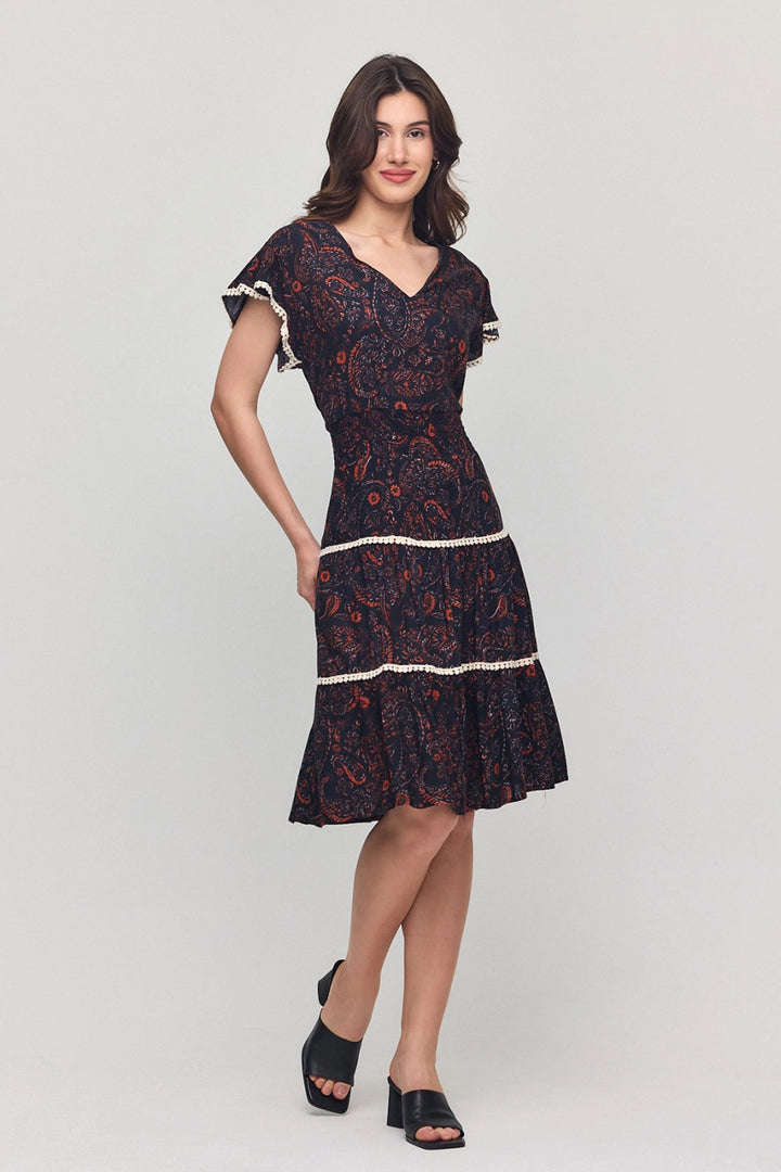Black V-Neck Ruffled Floral Patterned Summer Viscose Dress BCVL-25V054 - ’s-Hertogenbosch