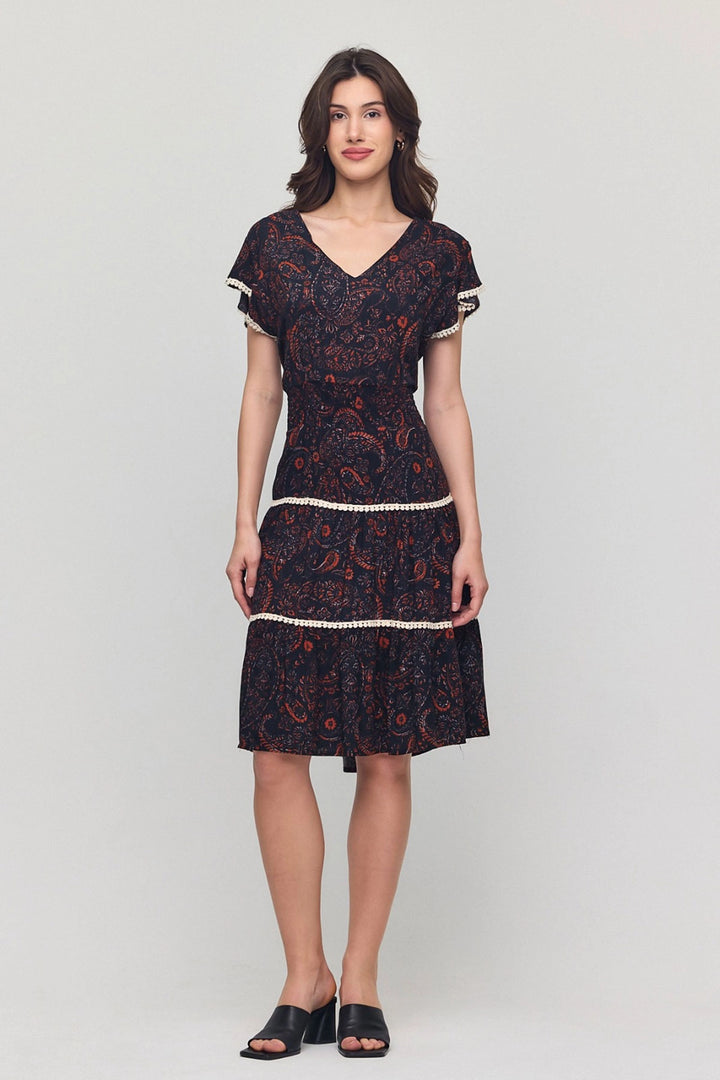 Black V-Neck Ruffled Floral Patterned Summer Viscose Dress BCVL-25V054 - ’s-Hertogenbosch