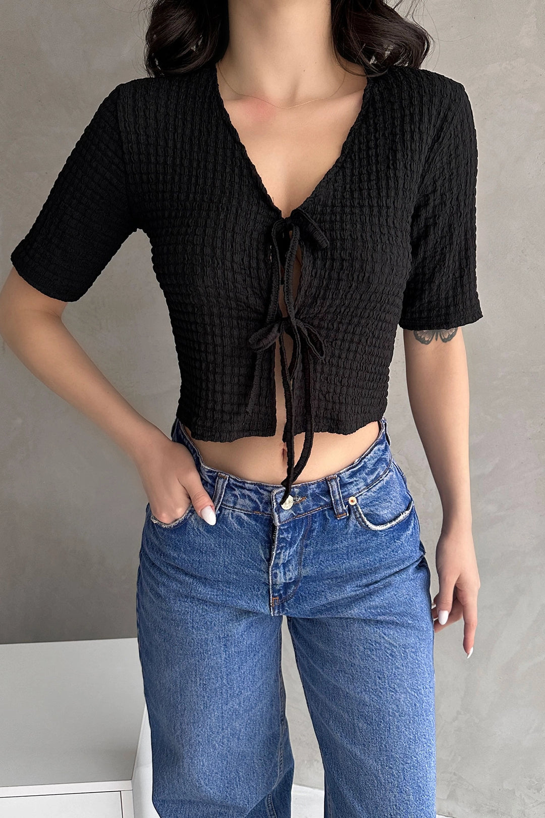 Black V-Neck Front Tie Waffle Crop Blouse BCDF-252169 - Dayton